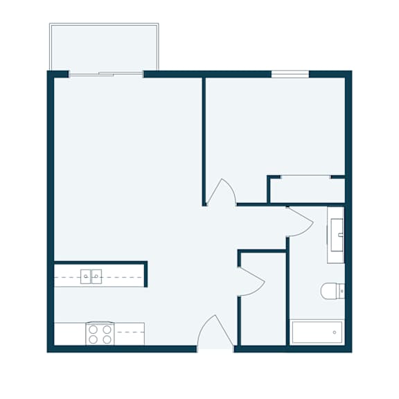 A floor plan of a house with a kitchen, living room, and two bedrooms.