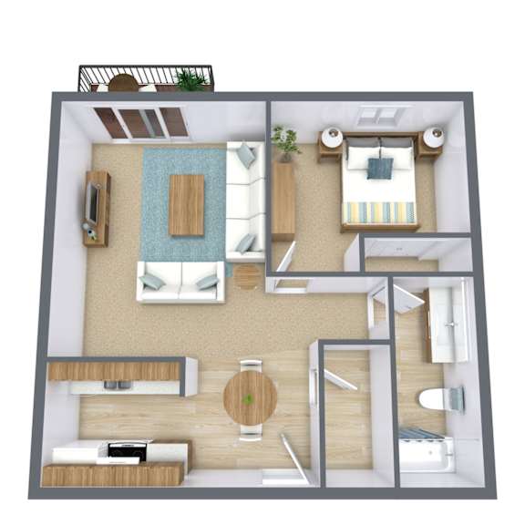 A 3D floor plan of a small apartment with a kitchen, living room, and bathroom.