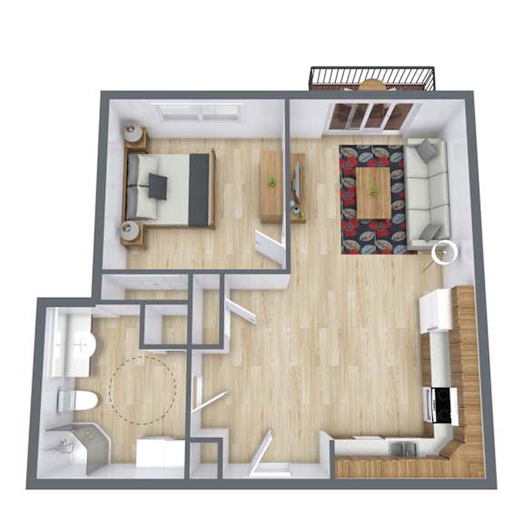 A top down view of a house layout with a kitchen, living room, and bedrooms.