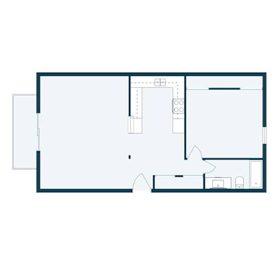 A floor plan of a house with a kitchen, living room, and two bedrooms.