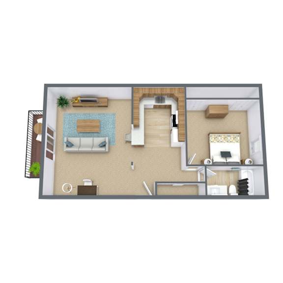 A 3D rendered image of a house layout.