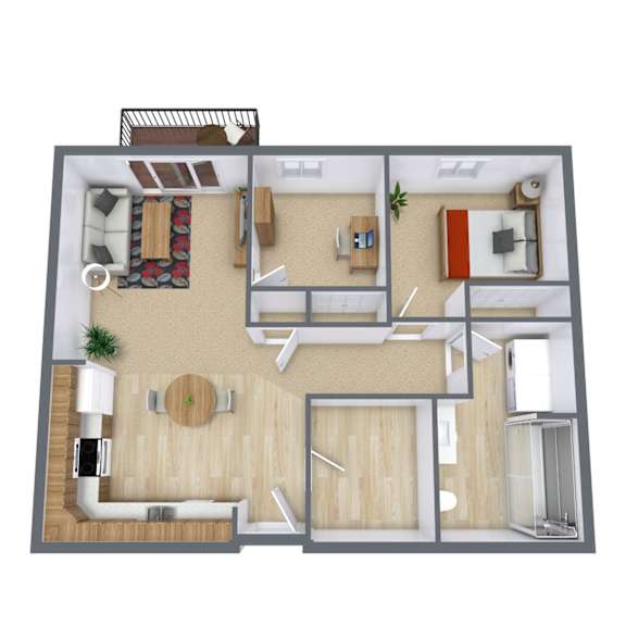 A top-down view of a modern apartment layout with a living room, kitchen, dining area, and bedrooms.