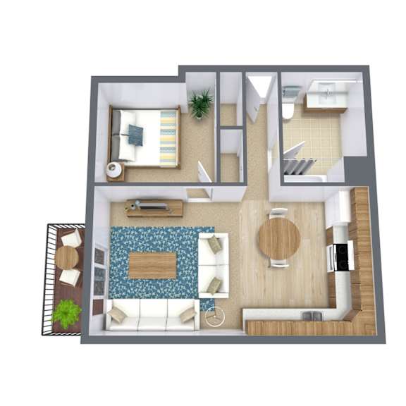 A top-down view of a modern apartment layout with a living room, kitchen, and bathroom.