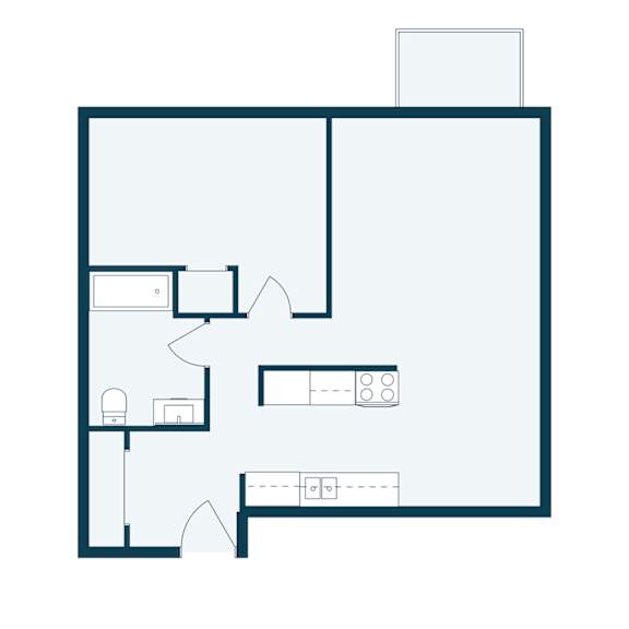 A floor plan of a house with a kitchen, living room, and two bedrooms.