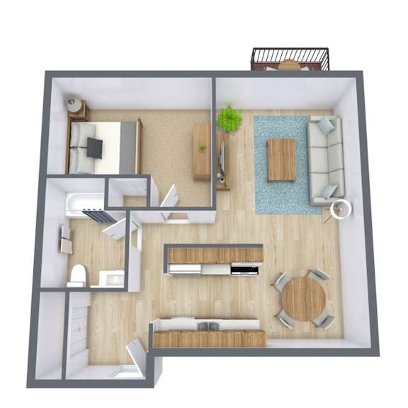 A 3D floor plan of a small apartment with a kitchen, living room, and bathroom.