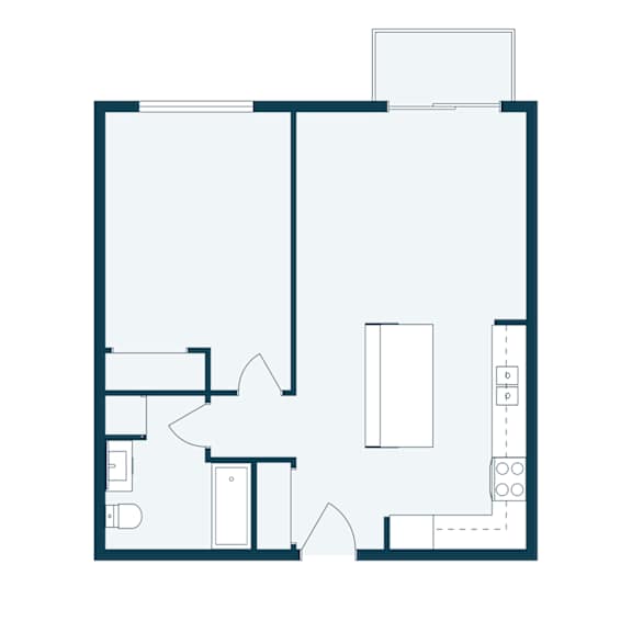 A floor plan of a house with a kitchen, living room, and bathroom.