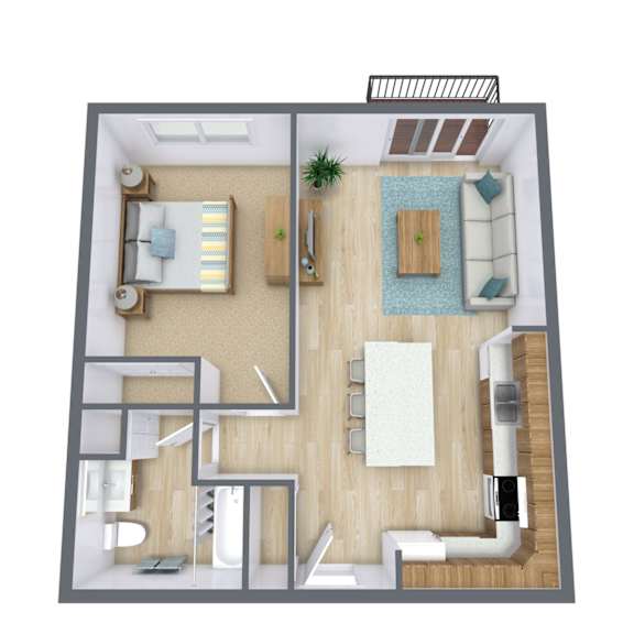 A top-down view of a modern apartment layout with a living room, kitchen, and dining area.