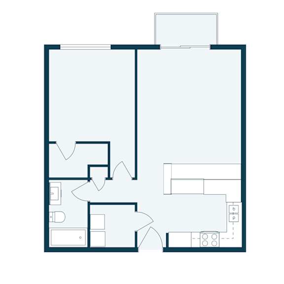 A floor plan of a house with a kitchen, living room, and bathroom.