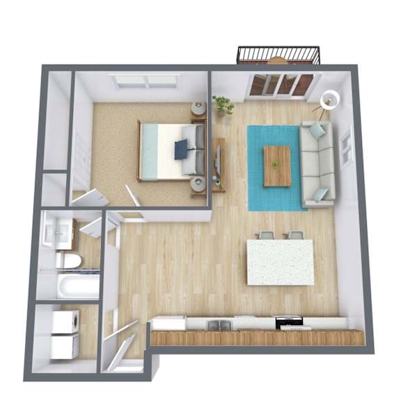 A top-down view of a small apartment with a kitchen, living room, and bathroom.