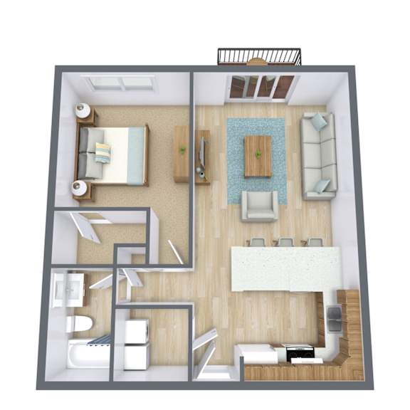 A 3D floor plan of a small apartment with a kitchen, living room, and bathroom.