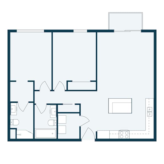 A floor plan of a house with a kitchen, living room, and two bedrooms.