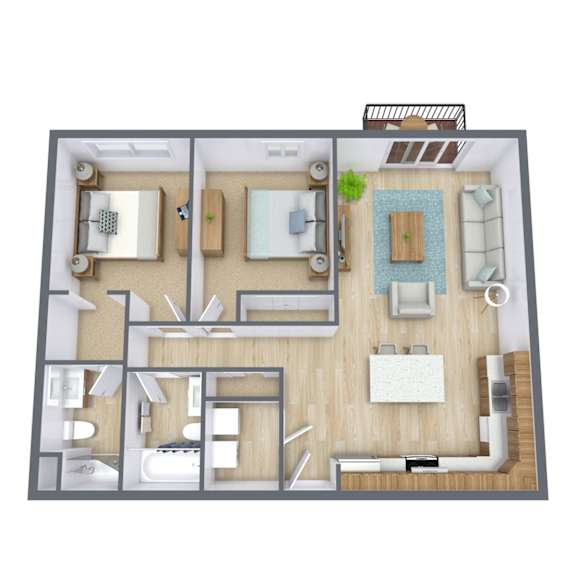 A top-down view of a house layout with a kitchen, living room, and bathroom.