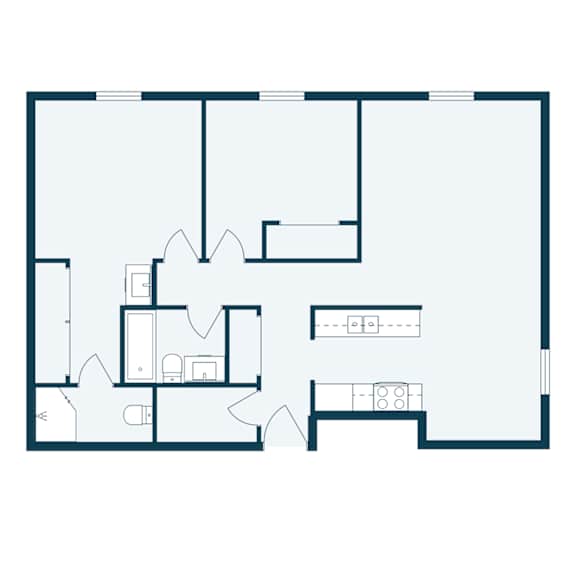 A floor plan of a house with a kitchen, living room, and two bedrooms.