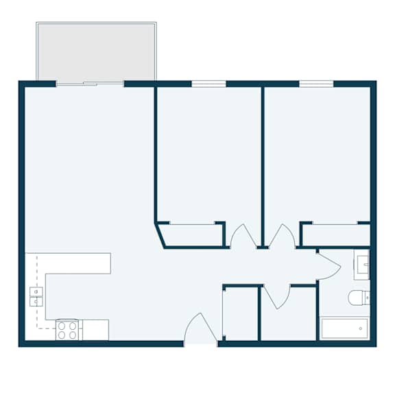 A floor plan of a house with a kitchen, living room, and two bedrooms.