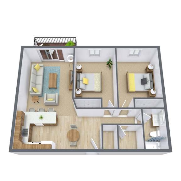 A 3D floor plan of a house with a living room, kitchen, dining room, and bedrooms.