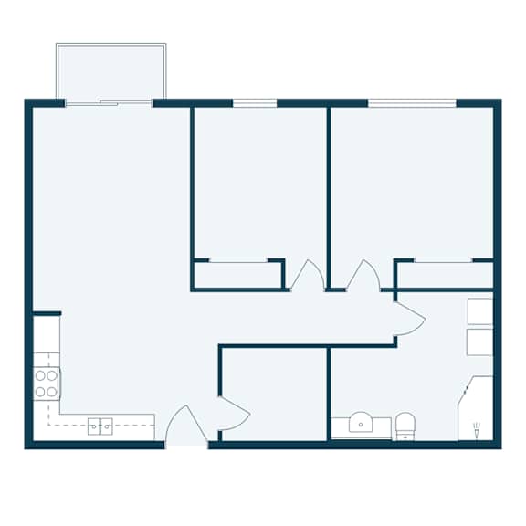 A floor plan of a house with a kitchen, living room, and two bedrooms.