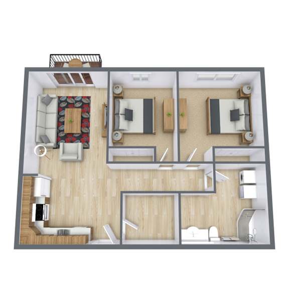 A 3D floor plan of a house with a kitchen, living room, and two bedrooms.