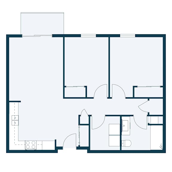 A floor plan of a house with a kitchen, living room, and two bedrooms.