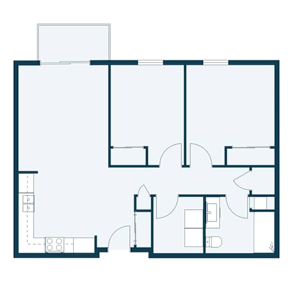 A floor plan of a house with a kitchen, living room, and two bedrooms.