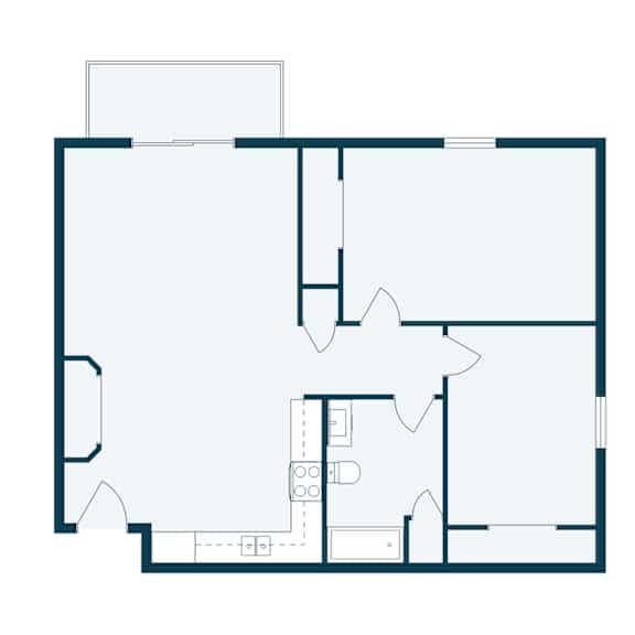 A floor plan of a house with a kitchen, living room, and two bedrooms.