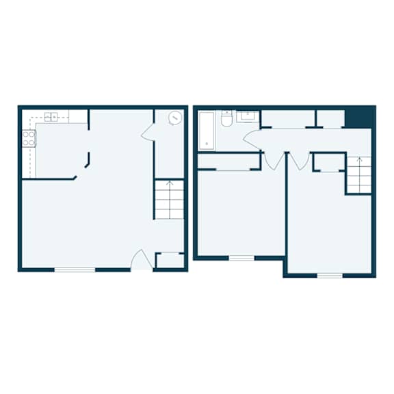 A floor plan of a two-story building with a kitchen, living room, and bedrooms.