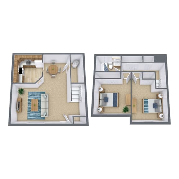 A floor plan of a two-bedroom apartment with a living room, kitchen, and bathroom.