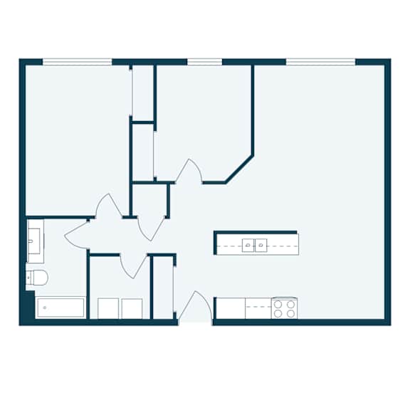 A floor plan of a house with a kitchen, living room, and two bedrooms.
