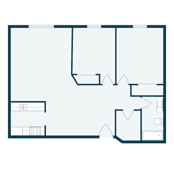 A floor plan of a house with a kitchen, living room, and two bedrooms.