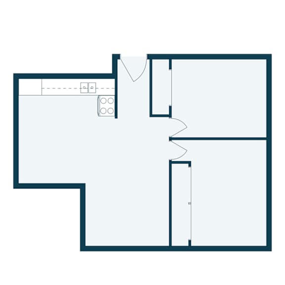 A floor plan of a house with a kitchen area.