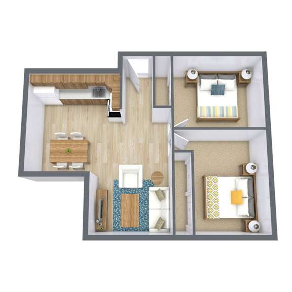A 3D rendered image of a house layout.