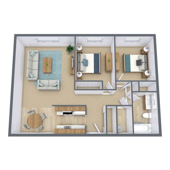 A 3D floor plan of a small apartment with a kitchen, living room, and bathroom.