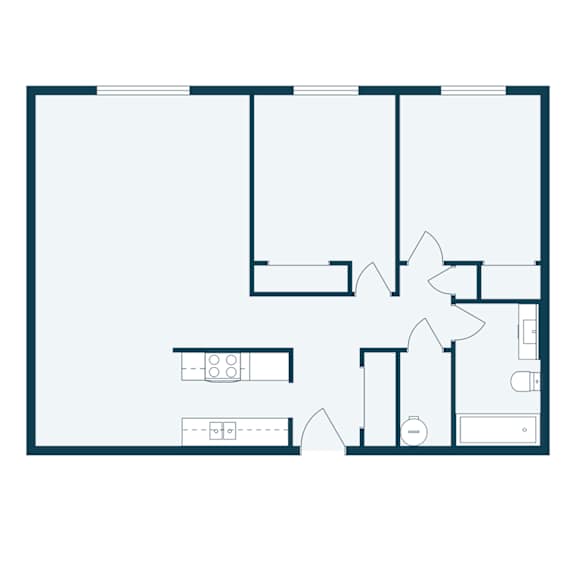 A floor plan of a house with a kitchen, living room, and bathroom.