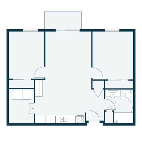 A floor plan of a house with a kitchen, living room, and two bedrooms.
