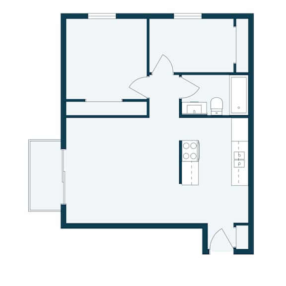 A floor plan of a house with a kitchen, living room, and two bedrooms.
