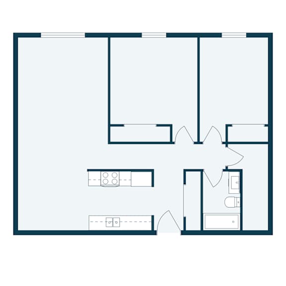 A floor plan of a house with a kitchen, living room, and two bedrooms.