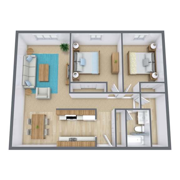 A 3D floor plan of a house with a living room, kitchen, dining room, and bathroom.