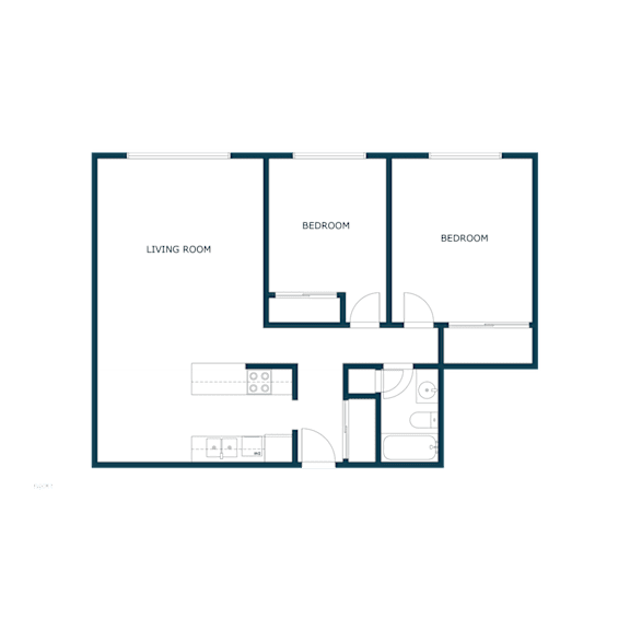 A floor plan of a room with a living room, two bedrooms, and a bathroom.