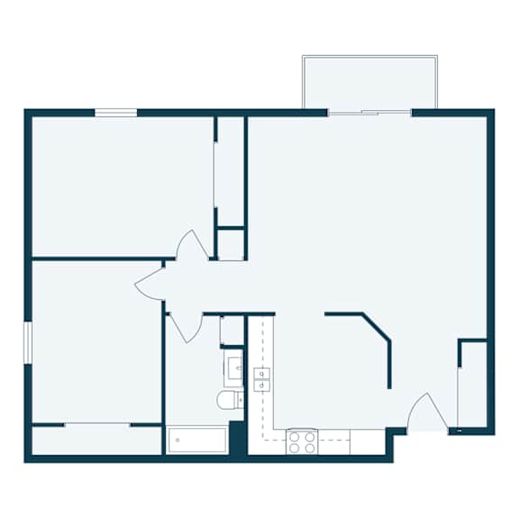 A floor plan of a house with a kitchen, living room, and two bedrooms.