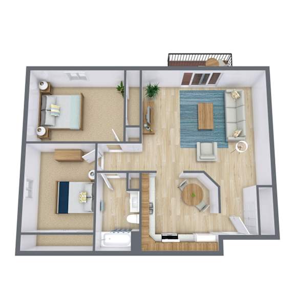 A top-down view of a house layout with a living room, kitchen, and two bedrooms.