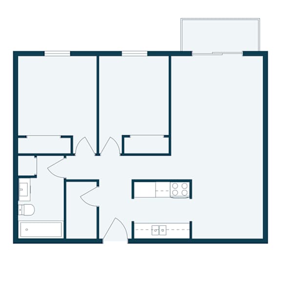 A floor plan of a house with a kitchen, living room, and two bedrooms.