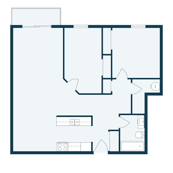 A floor plan of a house with a kitchen, living room, and bathroom.