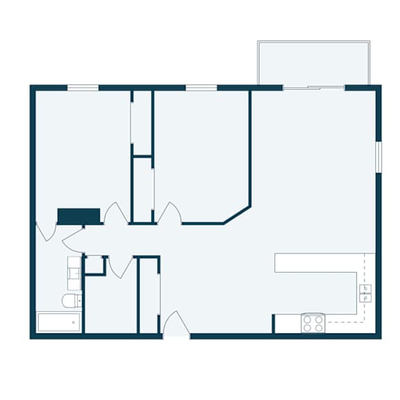 A floor plan of a house with a kitchen, living room, and two bedrooms.