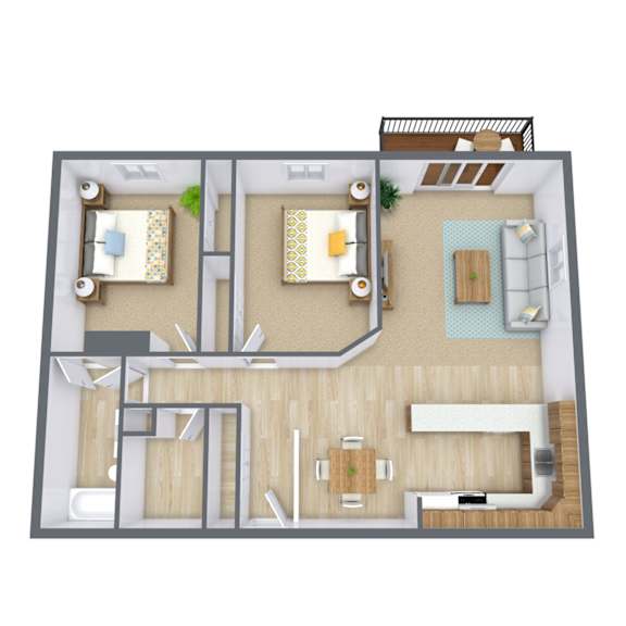 A 3D floor plan of a house with two bedrooms, a living room, and a kitchen.