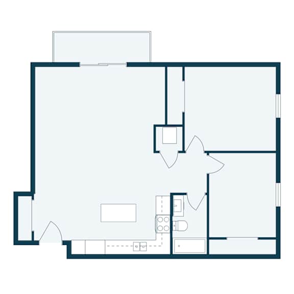 A floor plan of a house with a kitchen, living room, and bathroom.