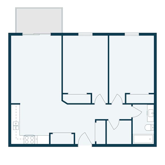 A floor plan of a house with a kitchen, living room, and two bedrooms.