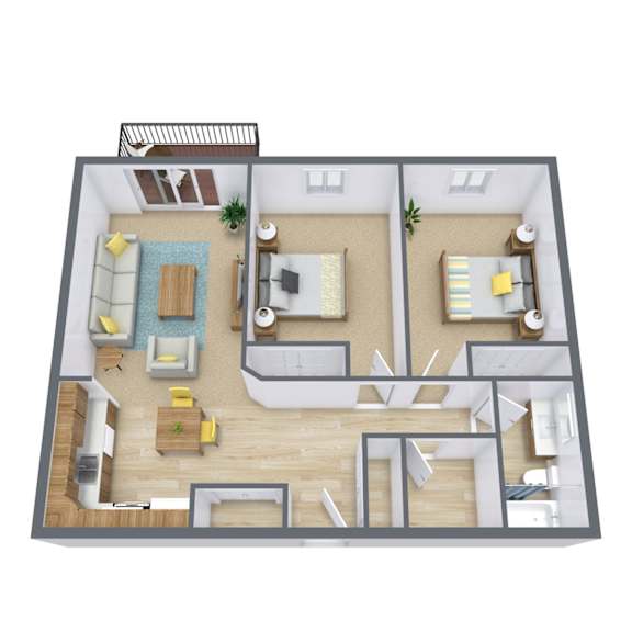 A 3D floor plan of a house with a living room, kitchen, and two bedrooms.