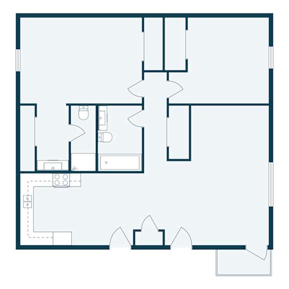A floor plan of a house with a kitchen, living room, and bathroom.
