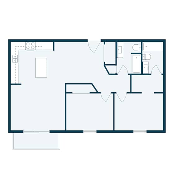 A floor plan of a house with a kitchen, living room, and two bedrooms.