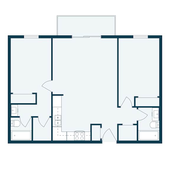 A floor plan of a house with a kitchen, living room, and two bedrooms.