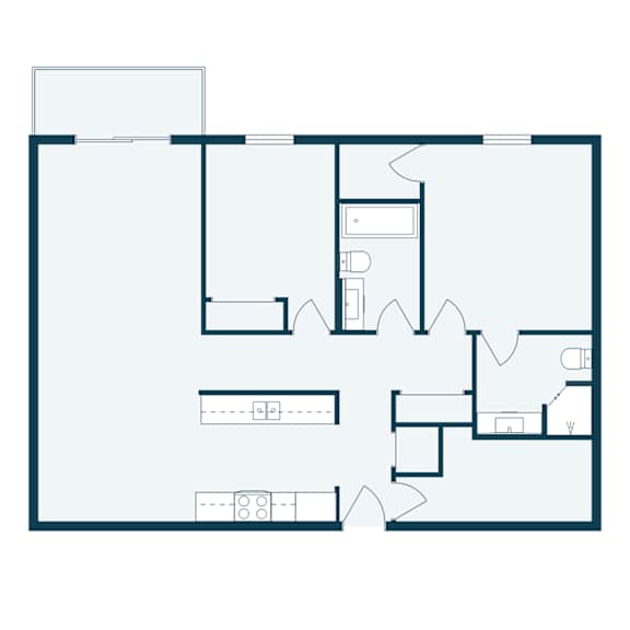 A floor plan of a house with a kitchen, living room, and two bedrooms.